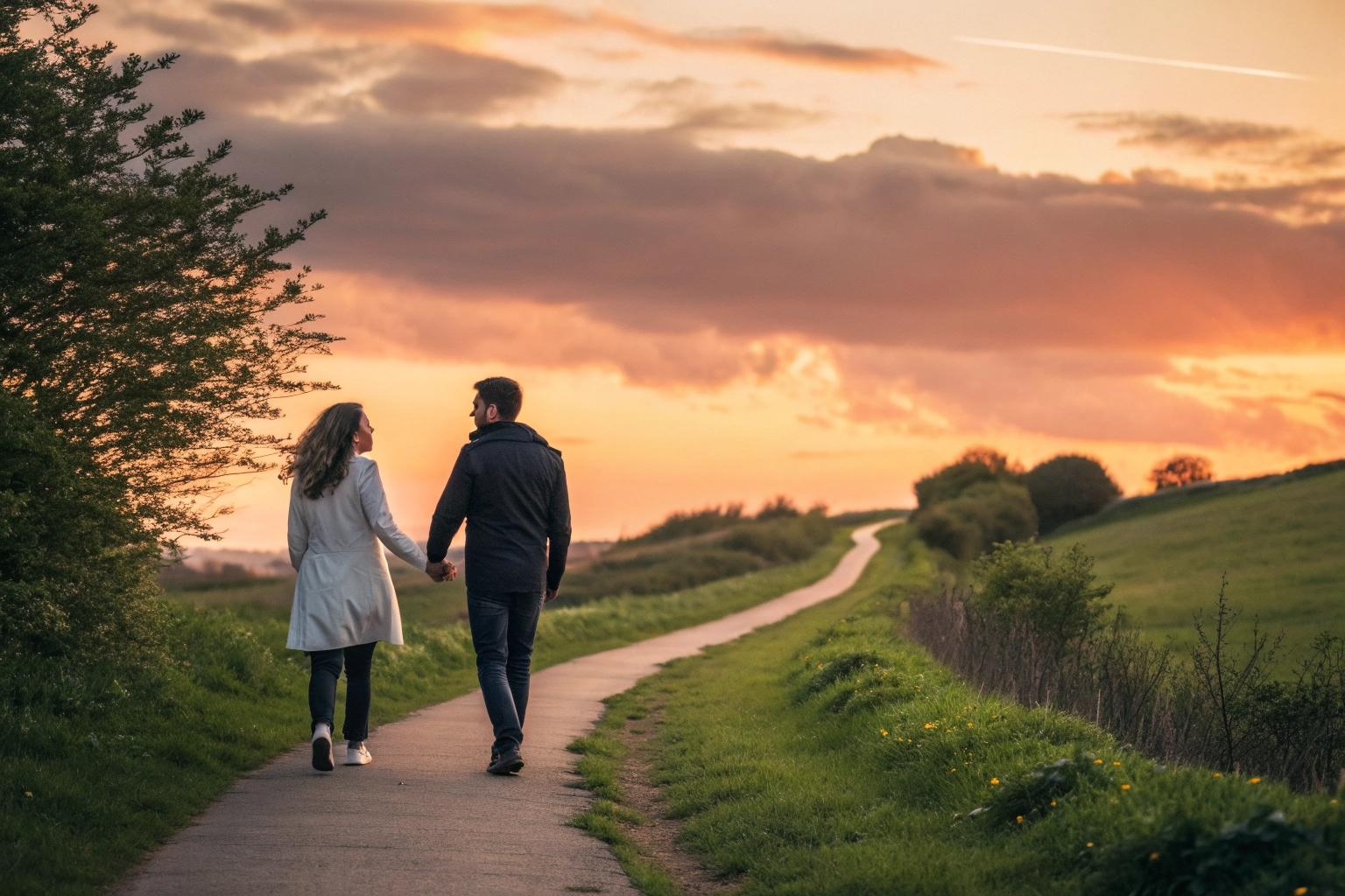 A couple walking together on a path, planning their life together.